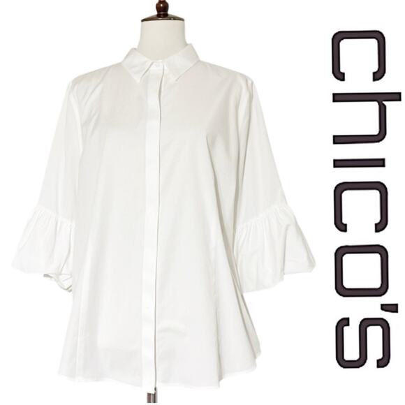 Chico's Tops - Chico's‎ Women's White No-Iron Bubble-Sleeve Button Up Shirt  Size 3